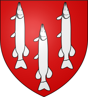 Canting arms of Lucy of Cockermouth Castle: Gules, three lucies hauriant argent Blason Lucy de Cockermouth (selon Gelre).svg