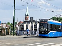 2013, Bombardier tram in Cracow between Pilsduskiego Bridge and Krakowska St