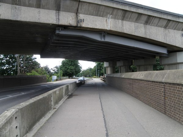 The former viaduct carrying the A14 over the ECML in Huntingdon. This shows the strengthening added to the structure due to the volume of traffic shor