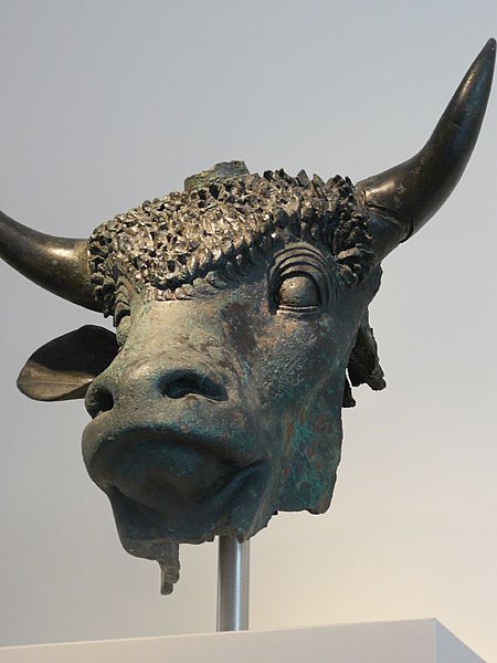 File:Bronze head of a sacred bull Roman 1st century CE from Octodurus in modern Switzerland founded by the emperor Claudius (556378510).jpg