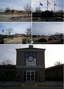 Van linksboven met de klok mee: Brookfield Central High School, Veterans Memorial Fountain, Brookfield Square Mall, Brookfield City Hall en het Brookfield Safety Building