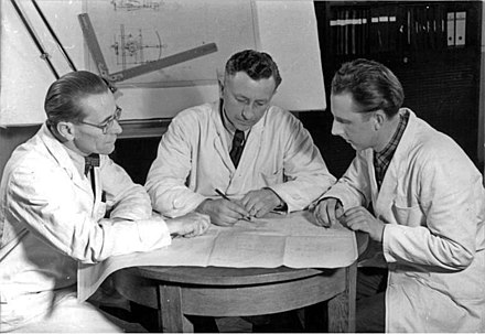 Engineers conferring on prototype design, 1954