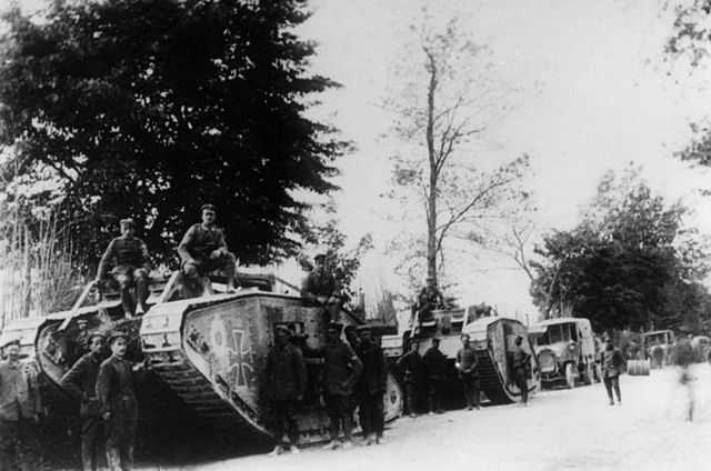 Captured British Mark IV tanks used by German troops