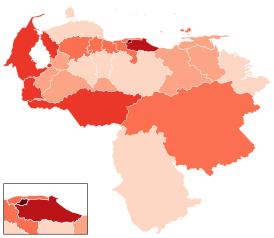 Штаты Венесуэлы, где есть зафиксированные случаи заражения  <10 случаев  10–19 случаев  20–29 случаев  ≥30 случаев