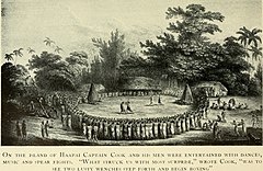 Captain Cook welcomed on the island of Haapai, 1777 (1930 engraving)