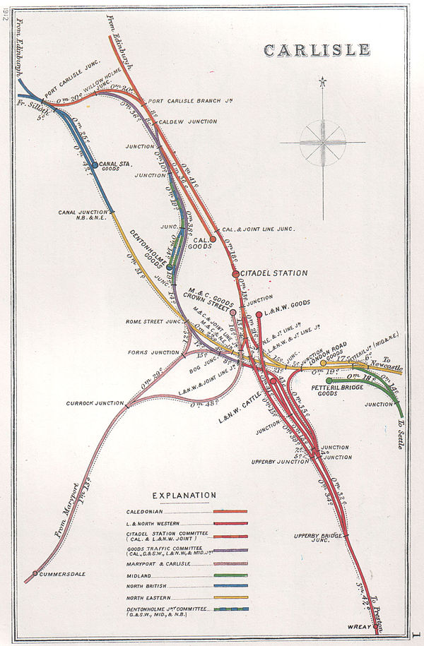 A 1912 Railway Clearing House Junction Diagram showing railways in the vicinity of Carlisle (shown here as CITADEL STATION)