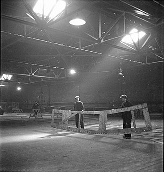 Two men lifting templates in the mold loft, Tyneside Shipyards, 1943. Cecil Beaton Photographs- Tyneside Shipyards, 1943 DB88.jpg