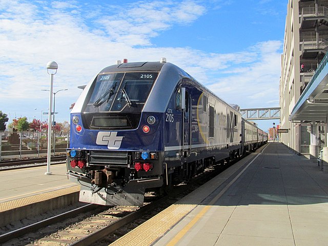 Caltrans Charger pushing a San Joaquin train at Oakland – Jack London Square station in November 2017