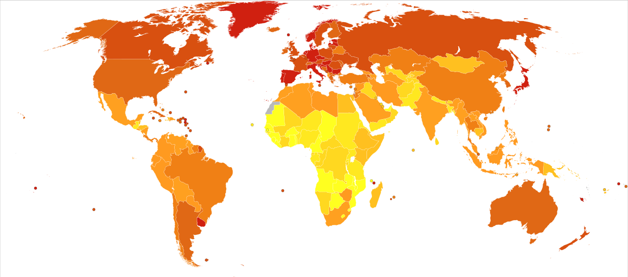 2012년 대장암과 직장암으로 인한 사망 (1백만명당 , WHO)