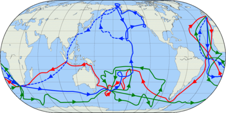 The routes of Captain James Cook's voyages. The first voyage is shown in <span style="color:red;">red</span>, second voyage in <span style="color:green;">green</span>, and third voyage in <span style="color:blue;">blue</span>. The route of Cook's crew following his death is shown as a dashed blue line.