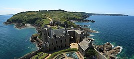 Green emerald coast and Cap Fréhel from the dungeon of the Fort la Latte castle, Brittany, West France.