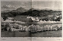 Cyclops at Sebastopol, during the first day's attack by the allied fleet and armies of France and England on 17 October 1854 Crimean War; a blazing battle in and around the harbour at S Wellcome V0015789.jpg