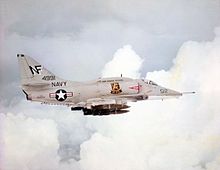 An A-4F of VA-212 over North Vietnam, 1968. Douglas A-4F, VA-212, NF512, USS Bon Homme Richard, CVA-31, North Vietnam, Summer 1968.jpg