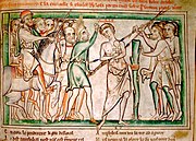 Martirio de San Anfíbalo, manuscrito do século XIII da vida de San Albano. Biblioteca do Trinity College, MS E. I. 40, folio 45r.