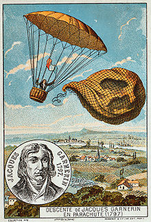 Garnerin releases the balloon and descends with the help of a parachute, 1797. Illustration from the late 19th century.