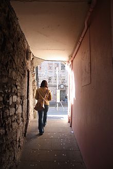 Exiting Lady Stair's Close onto Lawnmarket (the Royal Mile). Edinburgh 021.jpg