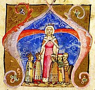 A crowned woman with two crowned children on her right and three children on her left