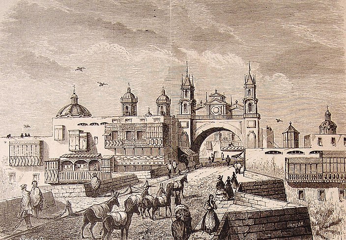 Puente de Piedra Bridge, the former Arco del Puente Gate and the Walls of Lima in 1878 by El Viajero Ilustrado. Old Fund of the University of Seville.[29]