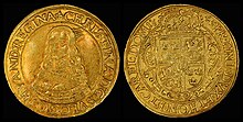 Christina, Queen of Sweden, depicted on a 1645 Erfurt 10 ducat coin. [note 2]