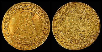 Christina, Queen of Sweden, depicted on a 1645 Erfurt 10 ducat coin. Erfurt (German States) 1645 10 Ducat (Portugaloser).jpg