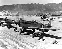 South African Air Force 2 Squadron Mustang fighters during the Korean War in the early 1950s. F-51Ds 2 Sqn SAAF Korea May 1951.jpeg