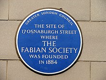 Blue plaque at 17 Osnaburgh St, where the Society was founded in 1884 Fabian Society (5026519016).jpg