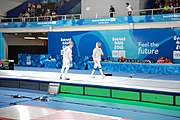 Deutsch: Fechten bei den Olympischen Jugend-Sommerspielen 2018: Tag 1, 7. Oktober 2018, Jungen, Säbel, Kampf um Bronze - Mazen Elaraby (EGY) - Robert Vidovszky (USA) 15:10 English: Fencing at the 2018 Summer Youth Olympics at 7 October 2018 – Boys' sabre Bronze medal match – Mazen Elaraby (EGY) Vs Robert Vidovszky (USA) 15:10