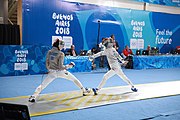 Deutsch: Fechten bei den Olympischen Jugend-Sommerspielen 2018: Tag 1, 7. Oktober 2018, Jungen, Säbel, Viertelfinale - Krisztián Rabb (HUN) - Antonio Heathcock (GER) 15:11 English: Fencing at the 2018 Summer Youth Olympics at 7 October 2018 – Boys' sabre Quarterfinals – Krisztián Rabb (HUN) Vs Antonio Heathcock (GER) 15:11