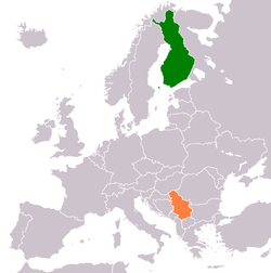 Карта, показваща местоположенията на Финландия и Сърбия