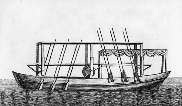 "Plan of Mr. Fitch's Steam Boat", Columbian Magazine (December 1786), woodcut by James Trenchard.