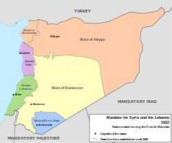 Cebel el-Dürzi'nin (turkuaz mavisi) Suriye ve Lübnan Mandası içindeki yeri