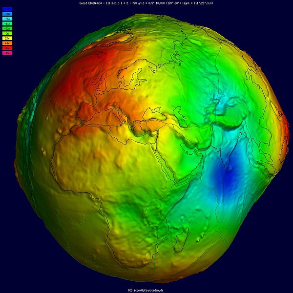 Geoid undulation in false color, shaded relief and vertical exaggeration (10000 scale factor).