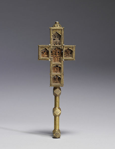 A benediction cross of Catholicos-Patriarch Domentius IV of Georgia showing scenes of the Triumphal Entry, Crucifixion and Ascension of Jesus, the Dor