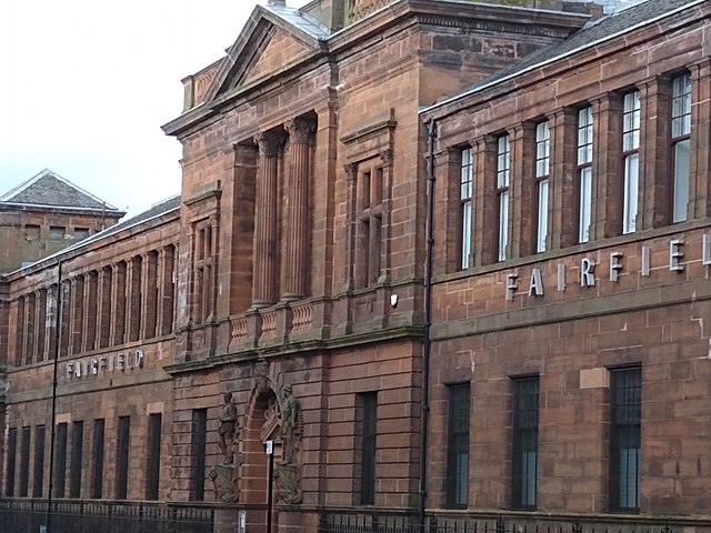 The imposing red sandstone offices of the Fairfield Shipbuilding and Engineering Company on Govan Road, which from 2013, has formed the Fairfield Heri