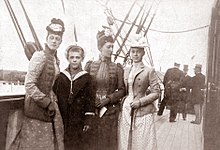 Xenia (right), with her brother Michael Alexandrovich and cousins, Victoria and Louise, daughters of Edward VII Grand Duchess Xenia (right) with brother Michael and cousins.jpg