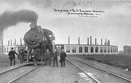 A 1909 photograph of a Grand Trunk Western locomotive and crew at the Durand, Michigan roundhouse