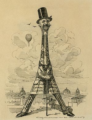 קריקטורה של גוסטב אייפל בצורת המבנה שתכנן - מגדל אייפל - מתוך המגזין הסאטירי פאנץ', 1889.