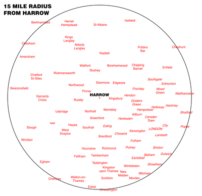15 mile radius map from Harrow