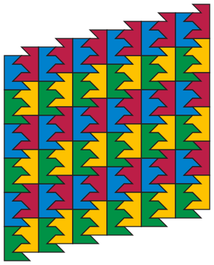 A partial tiling of the plane by Heesch's anisohedral tile. There are two symmetry classes of tiles, one containing the blue and green tiles and the other containing the red and yellow tiles. As Heesch proved, this tile cannot tile the plane with only one symmetry class. Heesch anisohedral tiling.svg