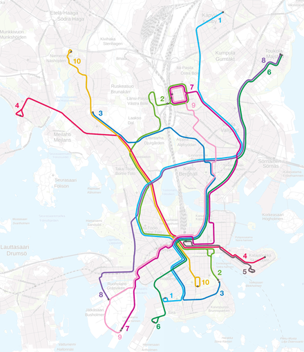 Helsinki tram lines as of 2020 (click to enlarge)