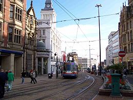 Looking down High Street from near its junction with Fargate, the Star and Telegraph building is on the left. High Street, Sheffield.jpg