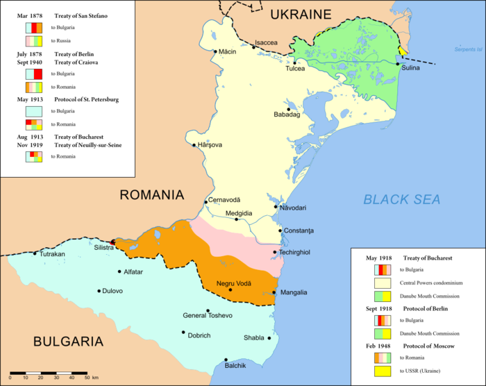 Map of Dobruja (areas in light blue, orange and pink were annexed by Bulgaria, while the area in yellow was to be administered jointly by the Central Powers)