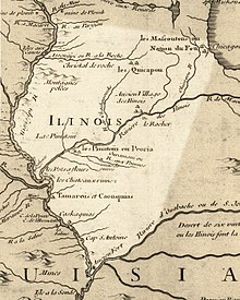 Illinois in 1718, approximate modern state area highlighted, from Carte de la Louisiane et du cours du Mississipi
by Guillaume de L'Isle Illinois 1718.jpg