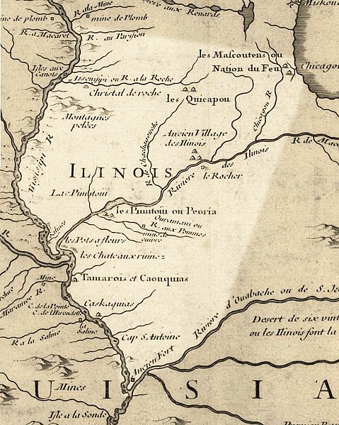 Illinois in 1718, approximate modern state area highlighted, from Carte de la Louisiane et du cours du Mississipi by Guillaume de L'Isle