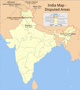 Large notes on disputed borders between India, Pakistan and China; Complex Map legend in Map template, Several sources for information used in map but map is Own Work.