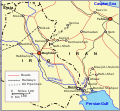 Kort som viser den iransk-irakiske grænseregion under 2. verdenskrig.