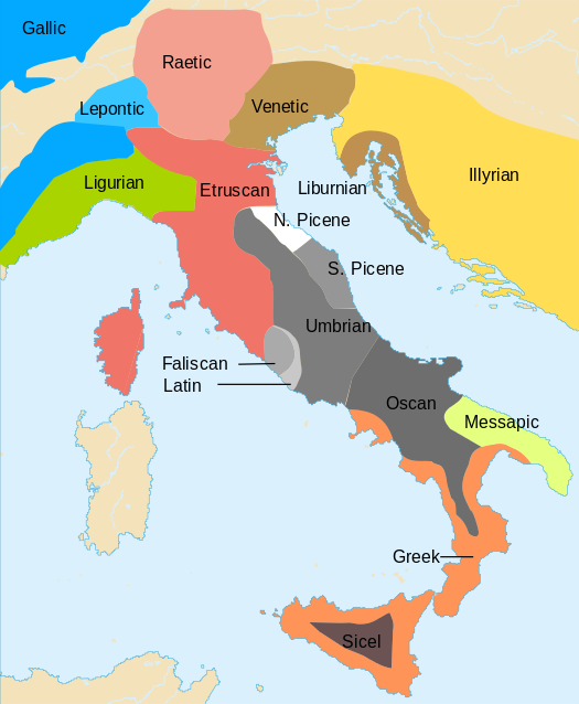 The approximate distribution of languages in Iron Age Italy during the 6th century BC. Iron Age Italy.svg