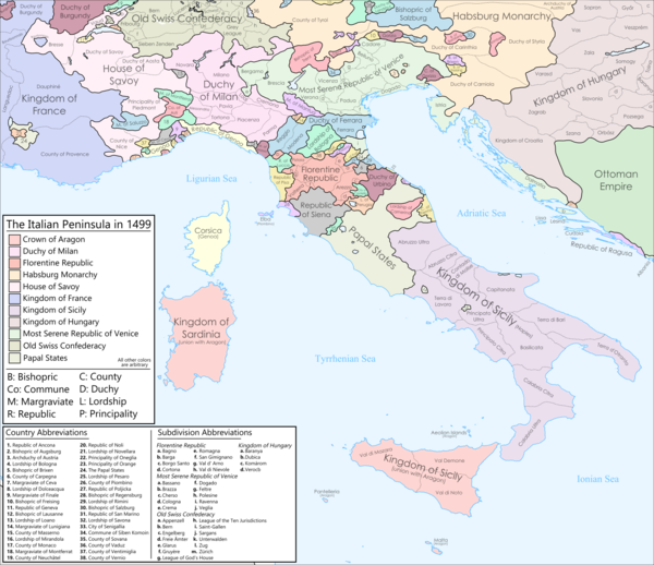 Map showing the political divisions of Italy in 1499