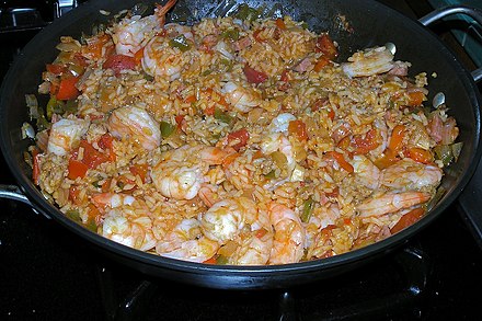 Creole jambalaya with shrimp, ham, tomato, and andouille sausage