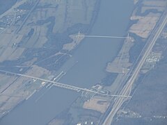 Aerial view of the Jesse Stuart Memorial Bridge and Greenup Lock and Dam in 2019